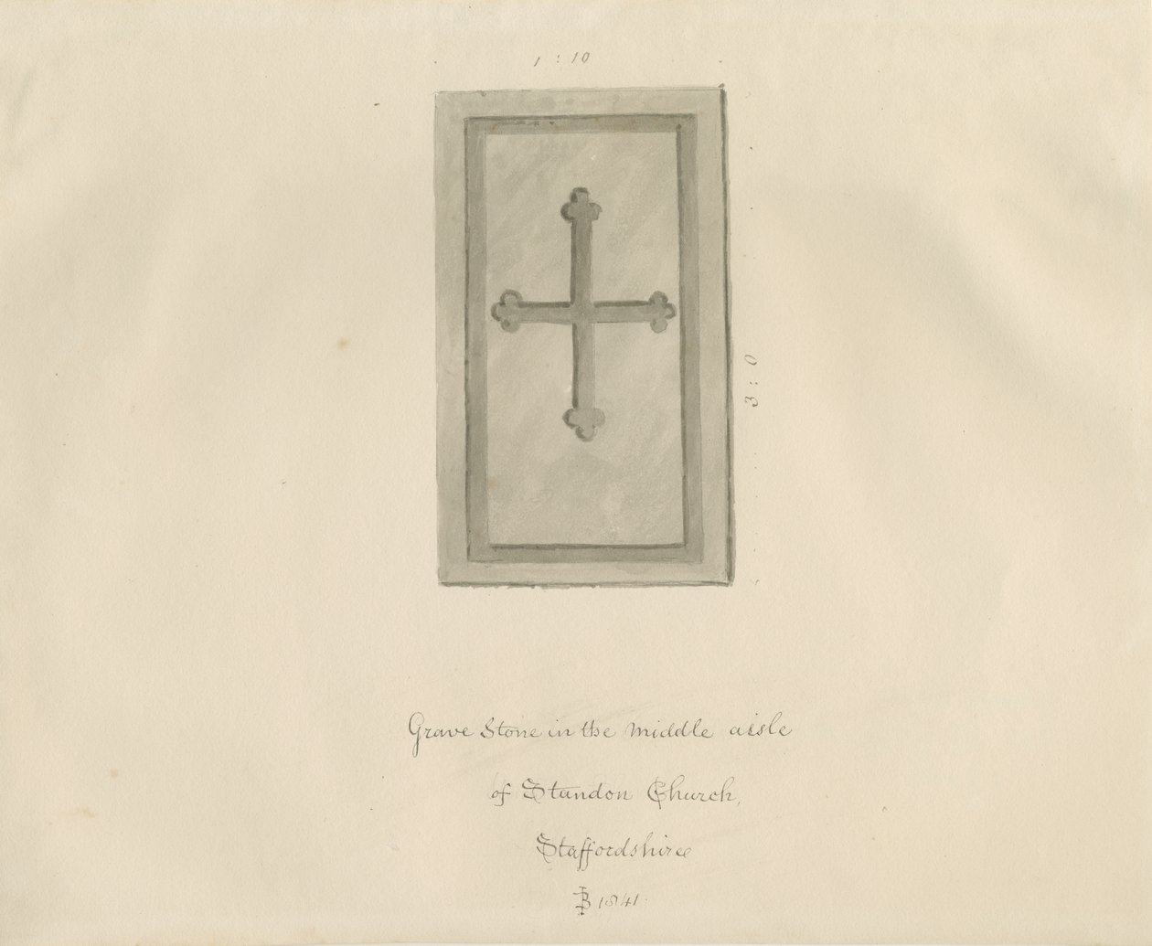 Standon Church - Gravestone: sépiová kresba od John Buckler