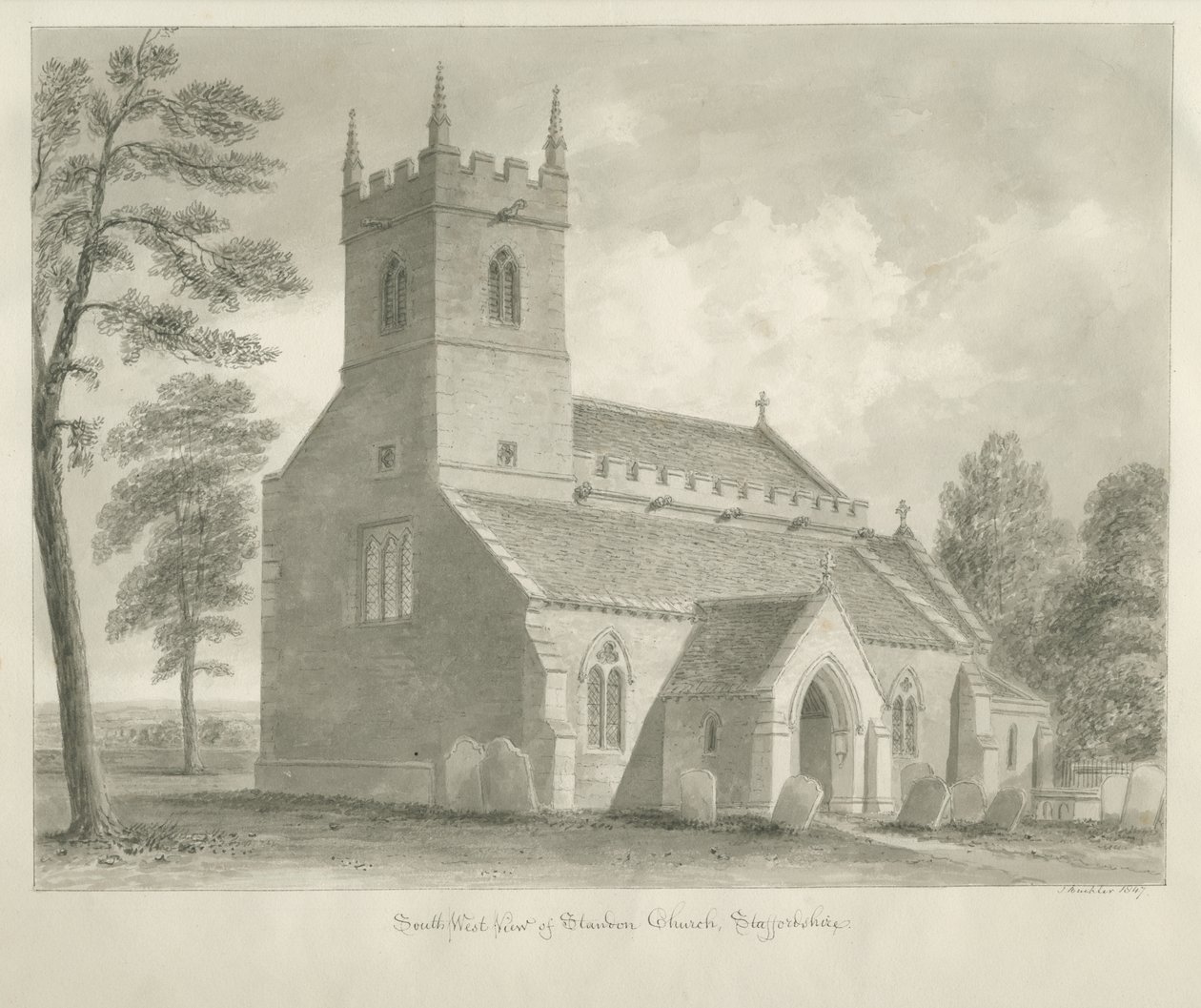 Standon Church: sépiová kresba od John Buckler