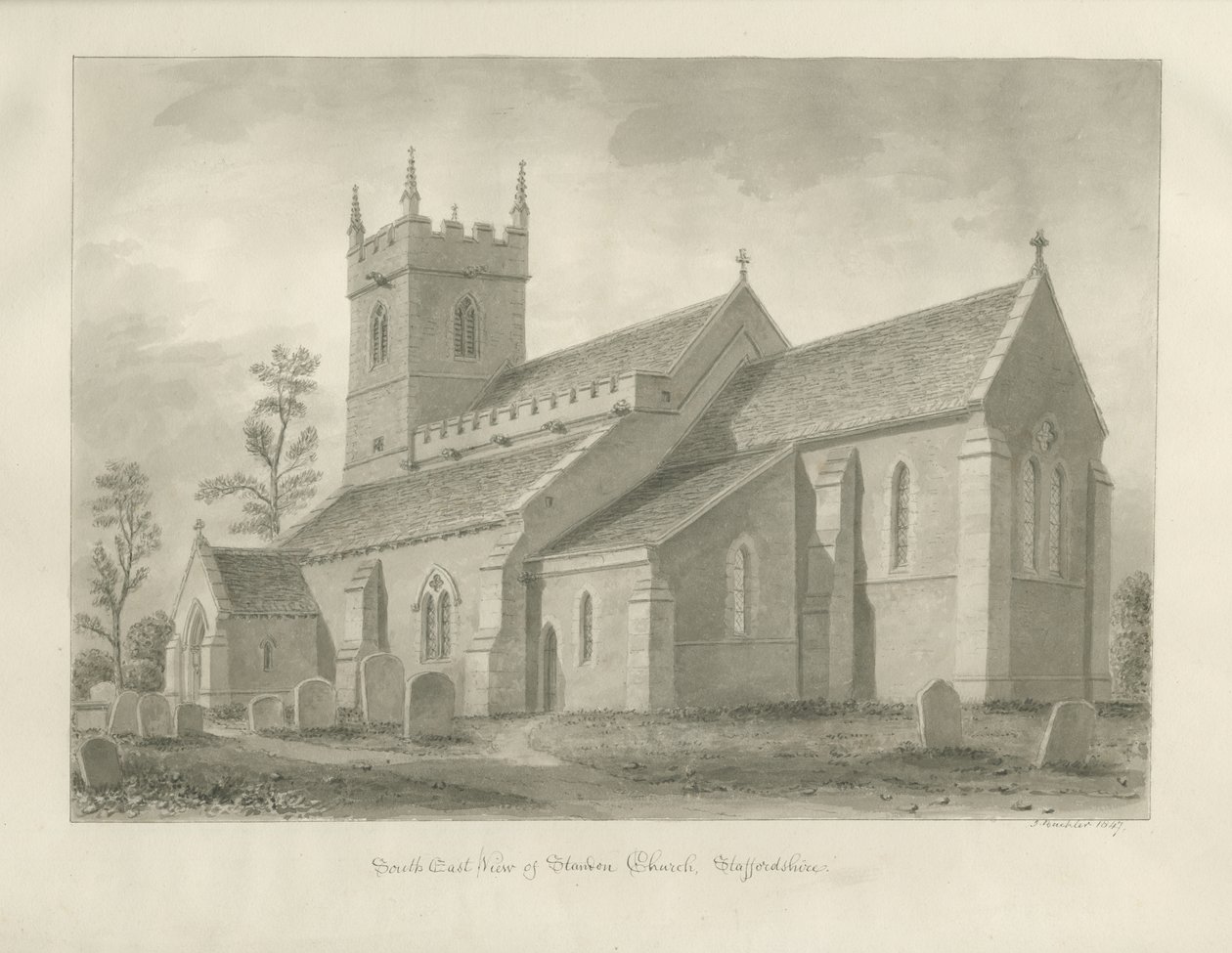 Standon Church: sépiová kresba od John Buckler