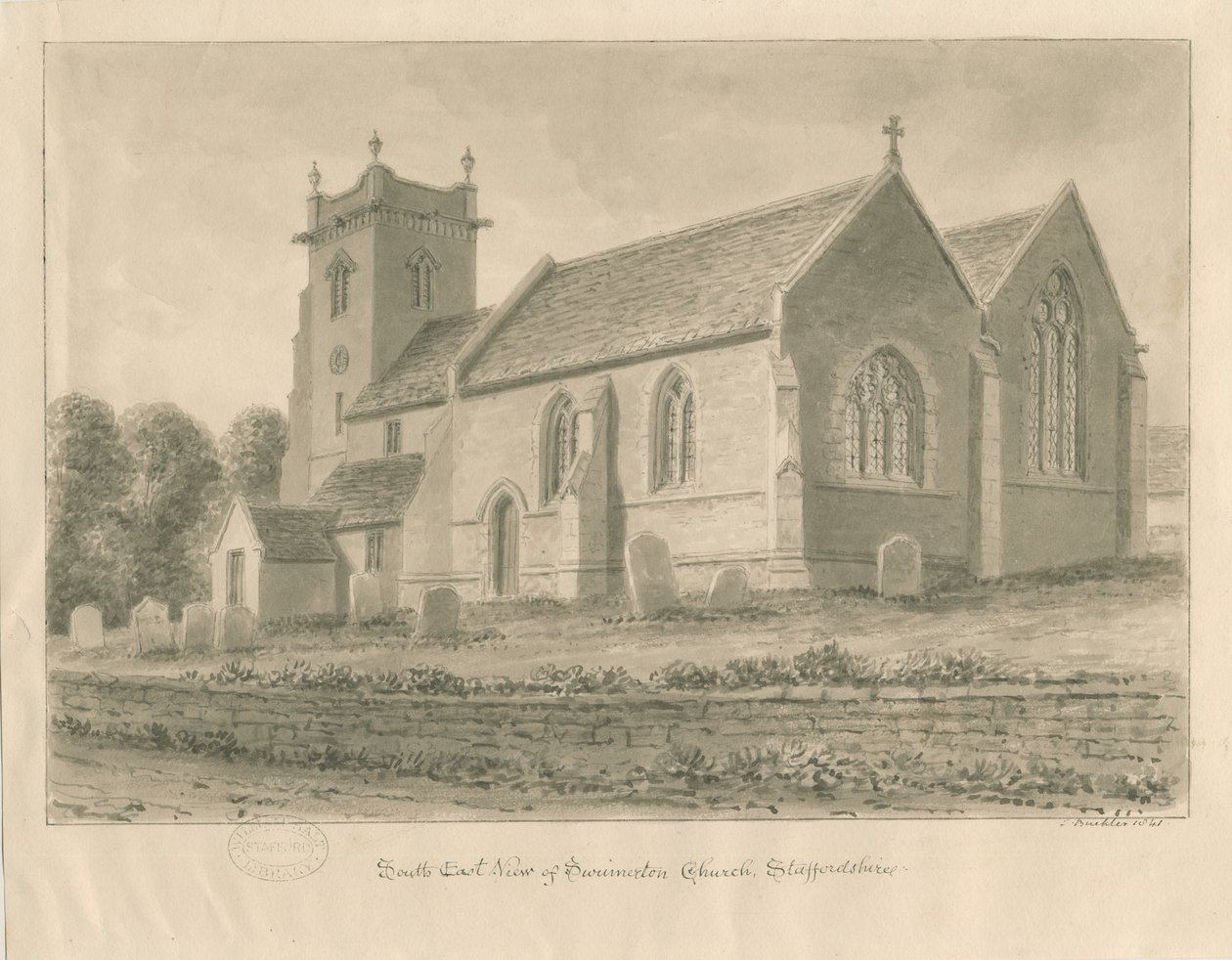 Swynnerton Church: sépiová kresba, 1841 od John Buckler