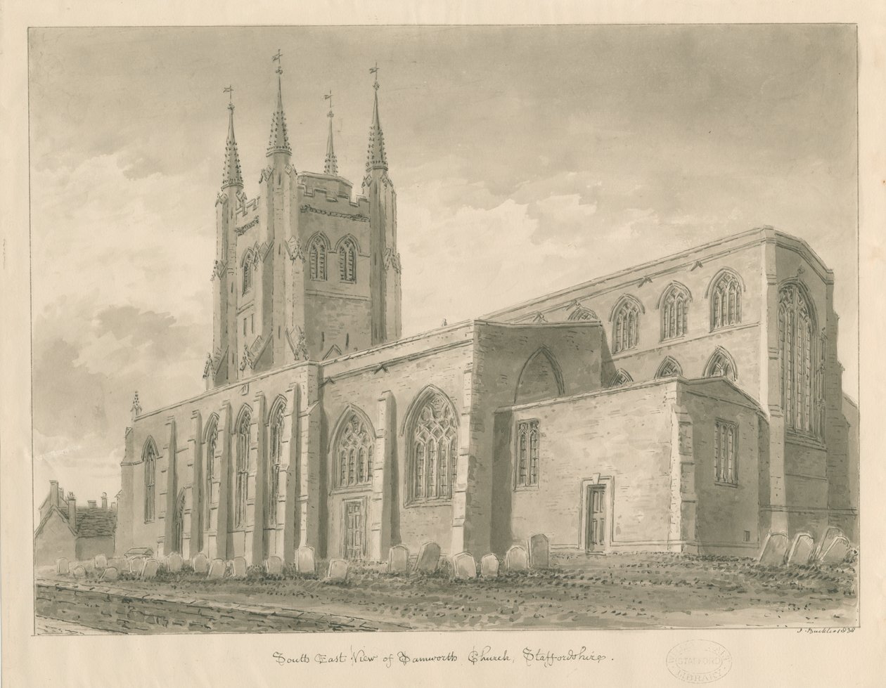 Tamworth Church: sépie lavírovaná kresba od John Buckler
