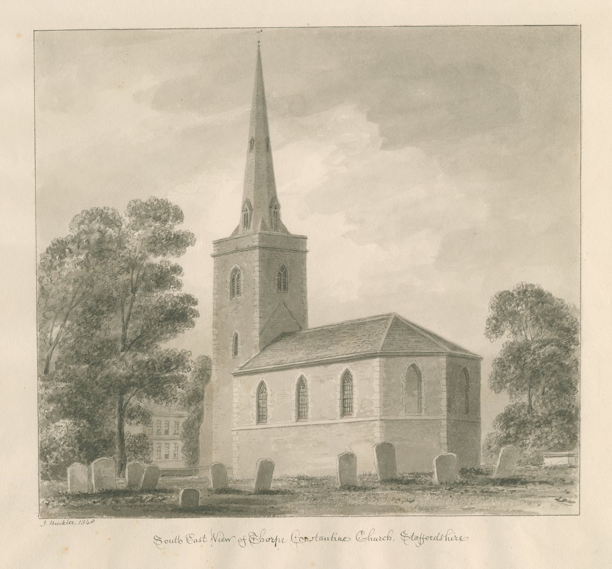 Thorpe Constantine Church: sépie lavírovaná kresba od John Buckler