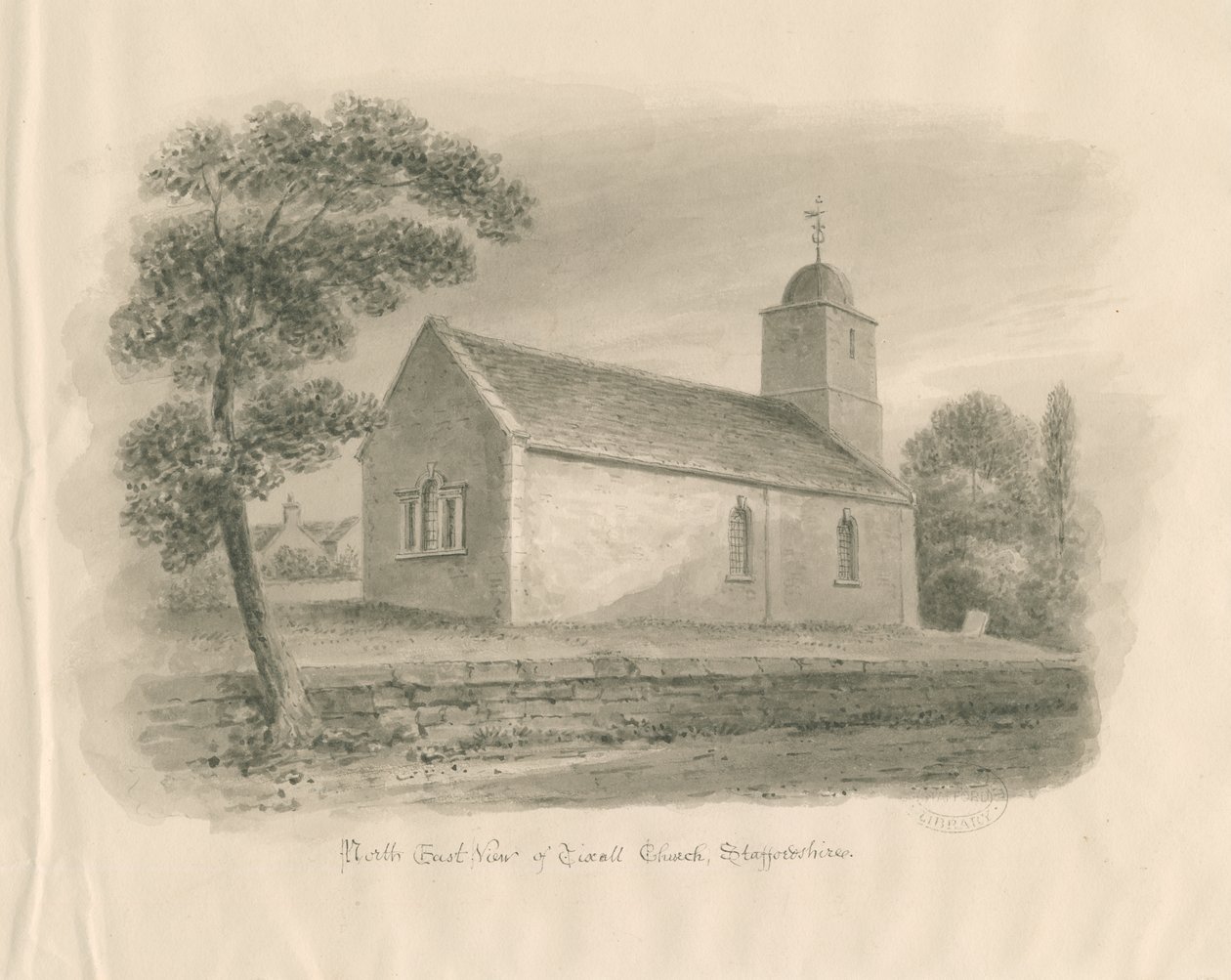 Tixall Church: sépiová lavírovaná kresba, nd [?1841] od John Buckler