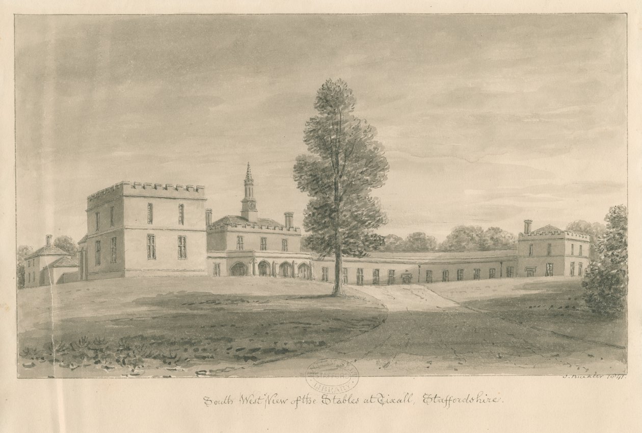 Tixall Hall - Stáj: sépiová kresba, 1841 od John Buckler