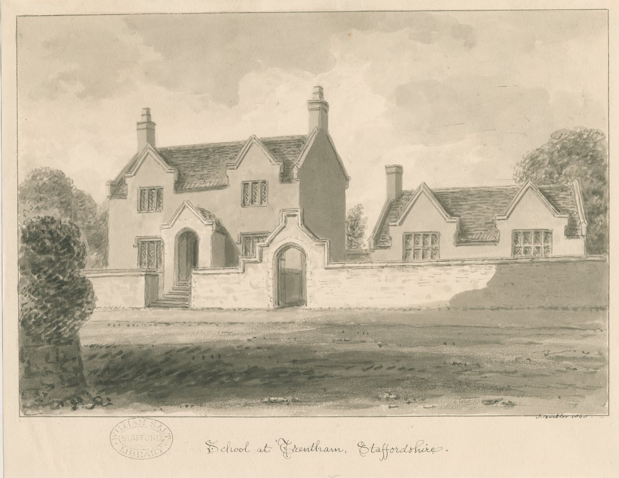 Trentham School: sépie lavírovaná kresba, 1840 od John Buckler