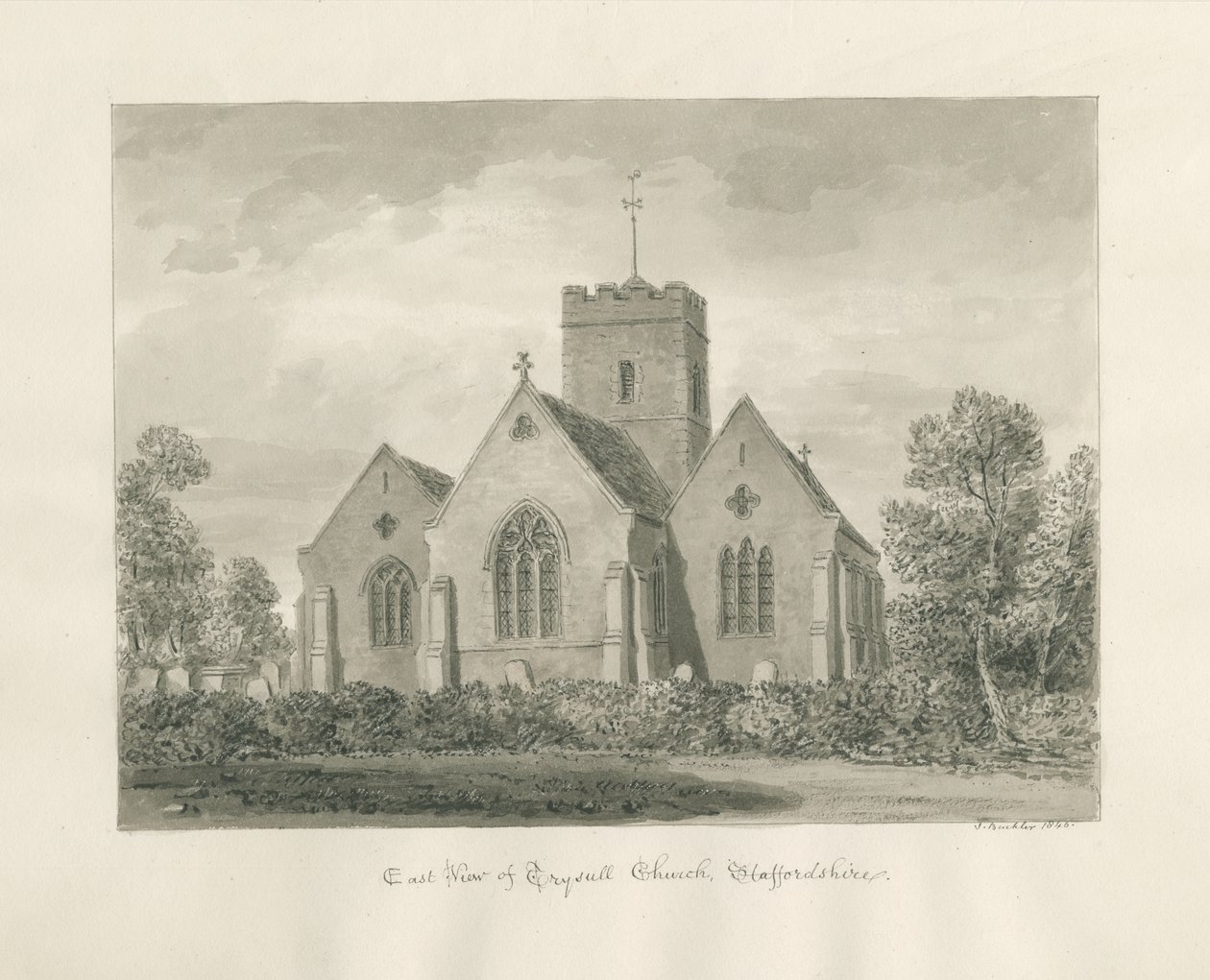 Trysull Church: sépiová lavírovaná kresba, 1846 od John Buckler