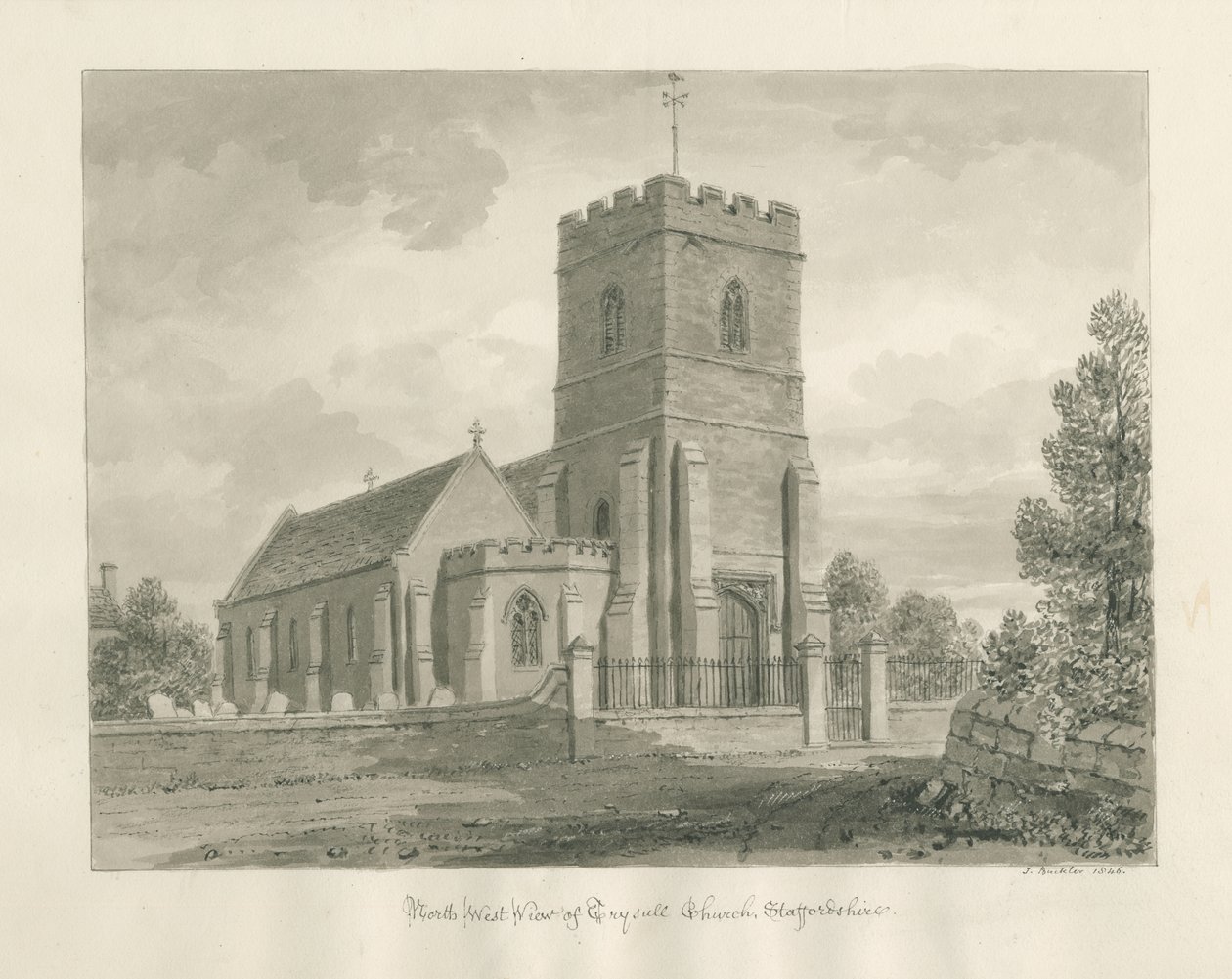 Trysull Church: sépiová lavírovaná kresba, 1846 od John Buckler
