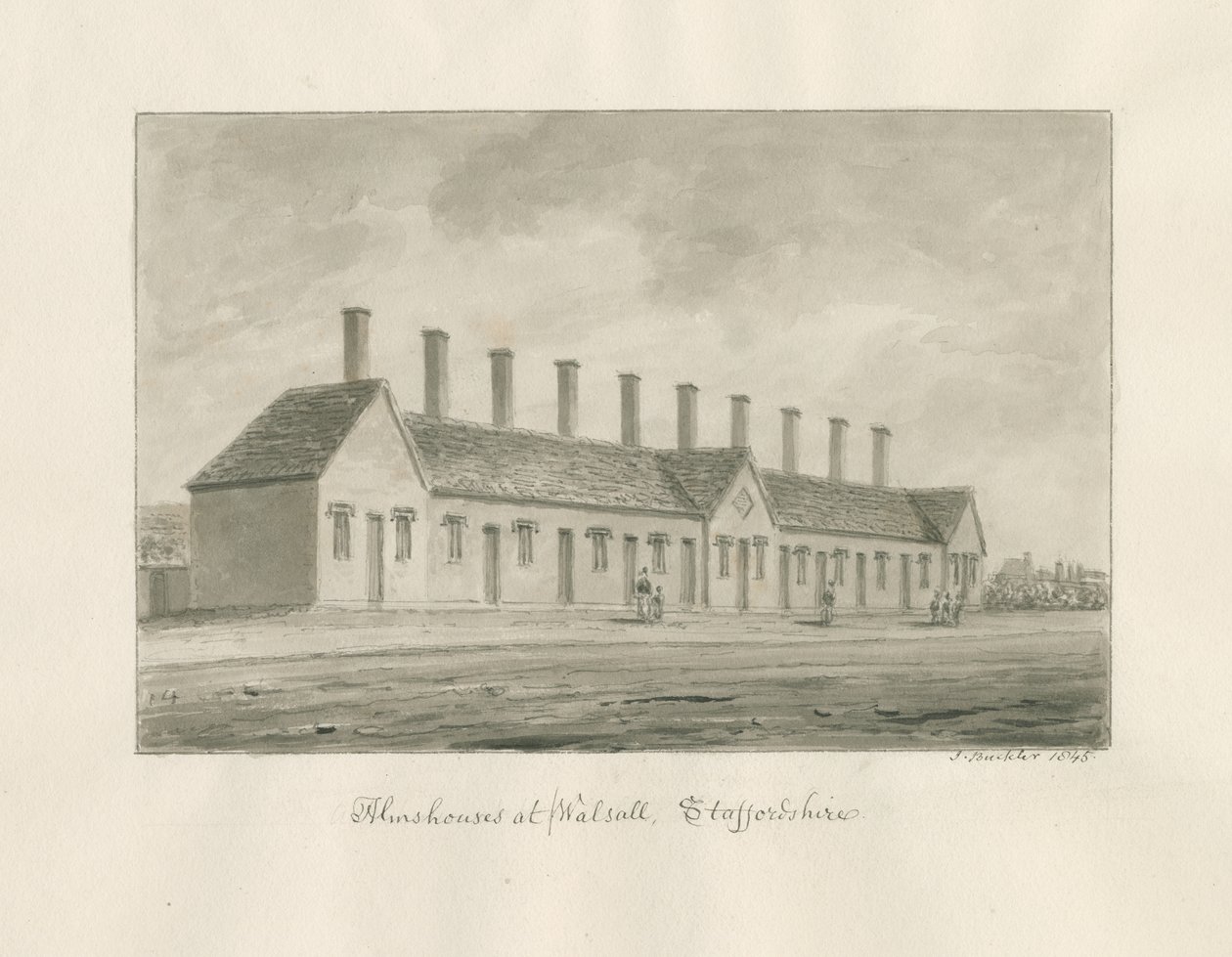 Walsall - Almshouses: sépiová lavírovaná kresba od John Buckler