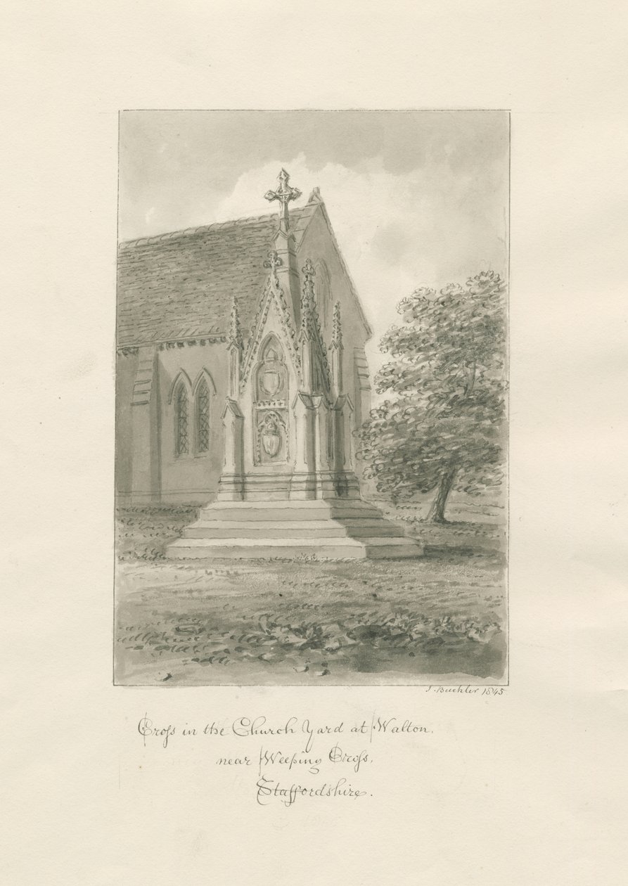 Walton-on-the-Hill Church - Church-yard Cross: sépiová kresba od John Buckler