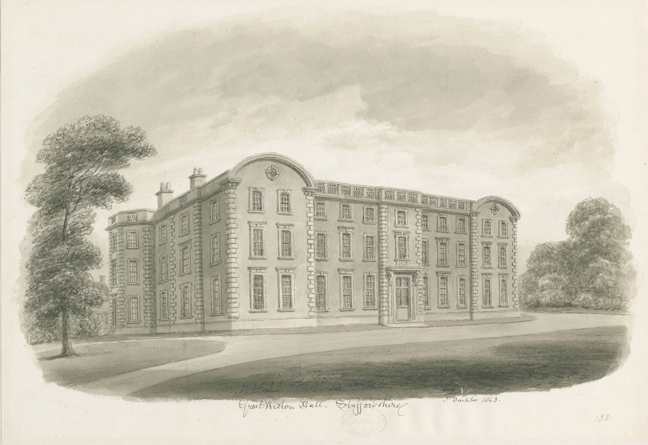 Weston-under-Lizard - Hall: sépiová lavírovaná kresba od John Buckler