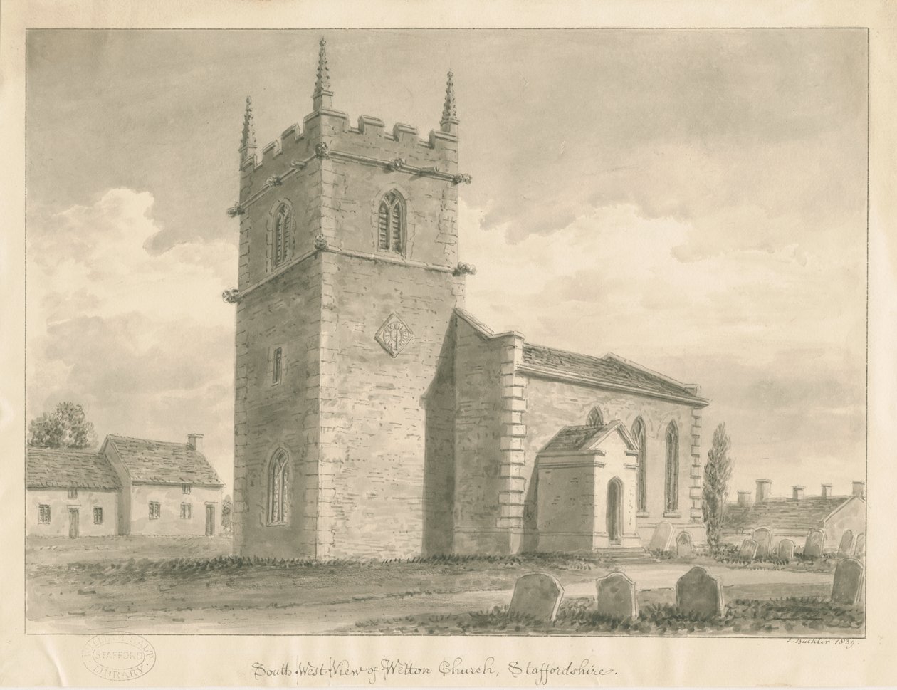 Wetton Church: sépiová kresba, 1839 od John Buckler