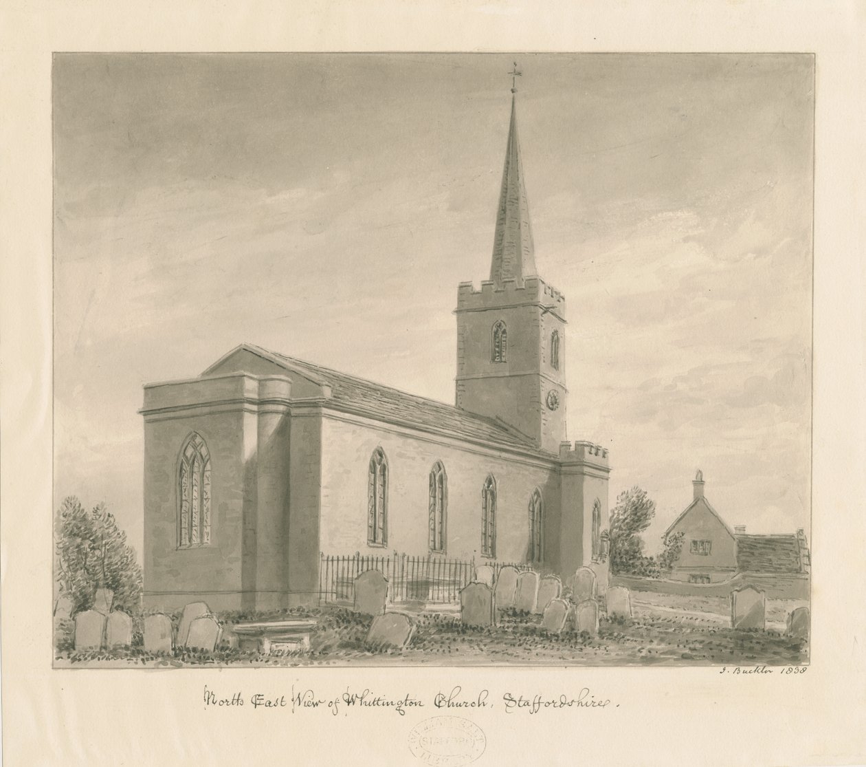 Whittington Church: sépie lavírovaná kresba od John Buckler
