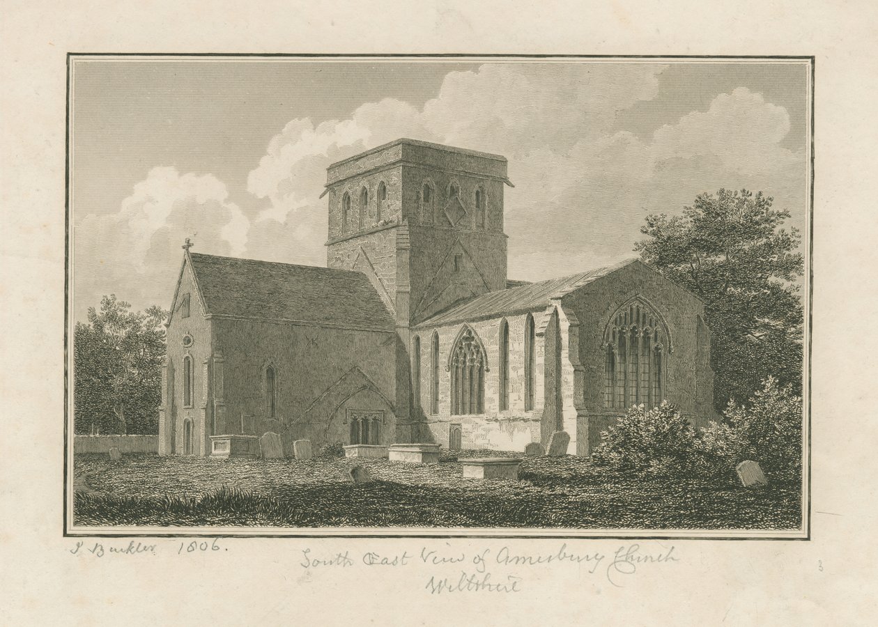 Wiltshire - Amesbury Church: rytina, 1806 od John Buckler