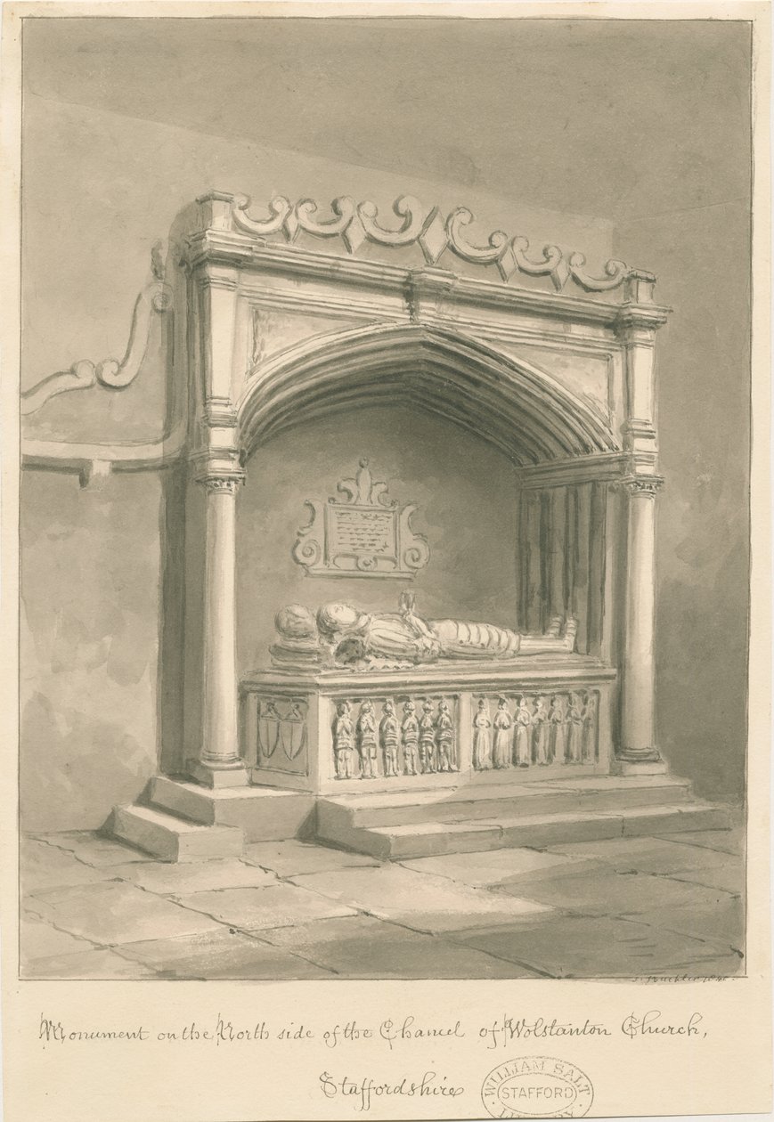 Wolstanton Church - Monument: sépie lavírovaná kresba od John Buckler