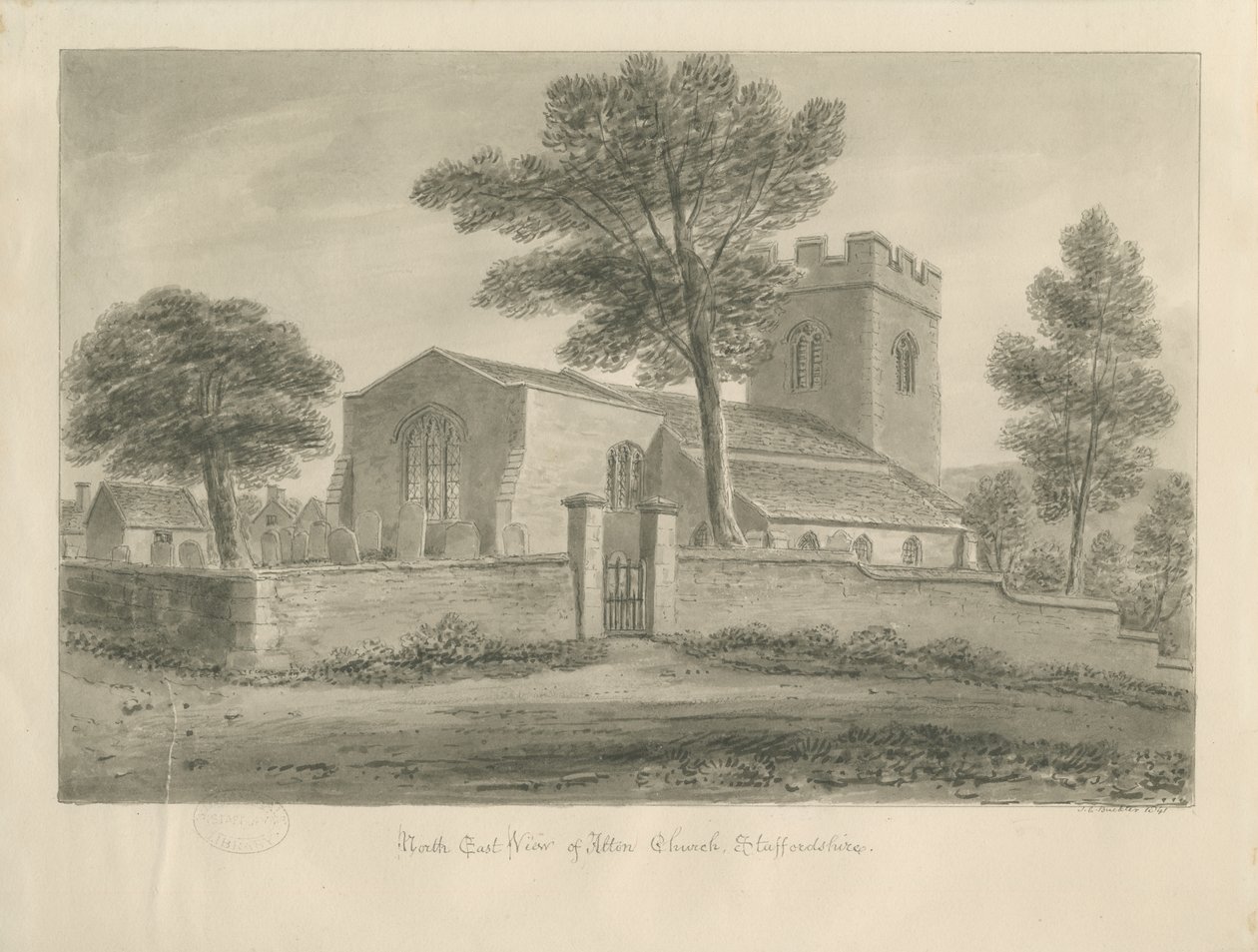 Alton Church: sépiová kresba, 1841 od John Chessell Buckler