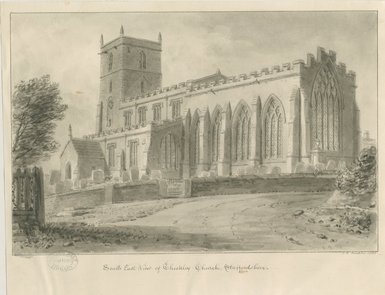 Checkley Church: sépiová kresba od John Chessell Buckler