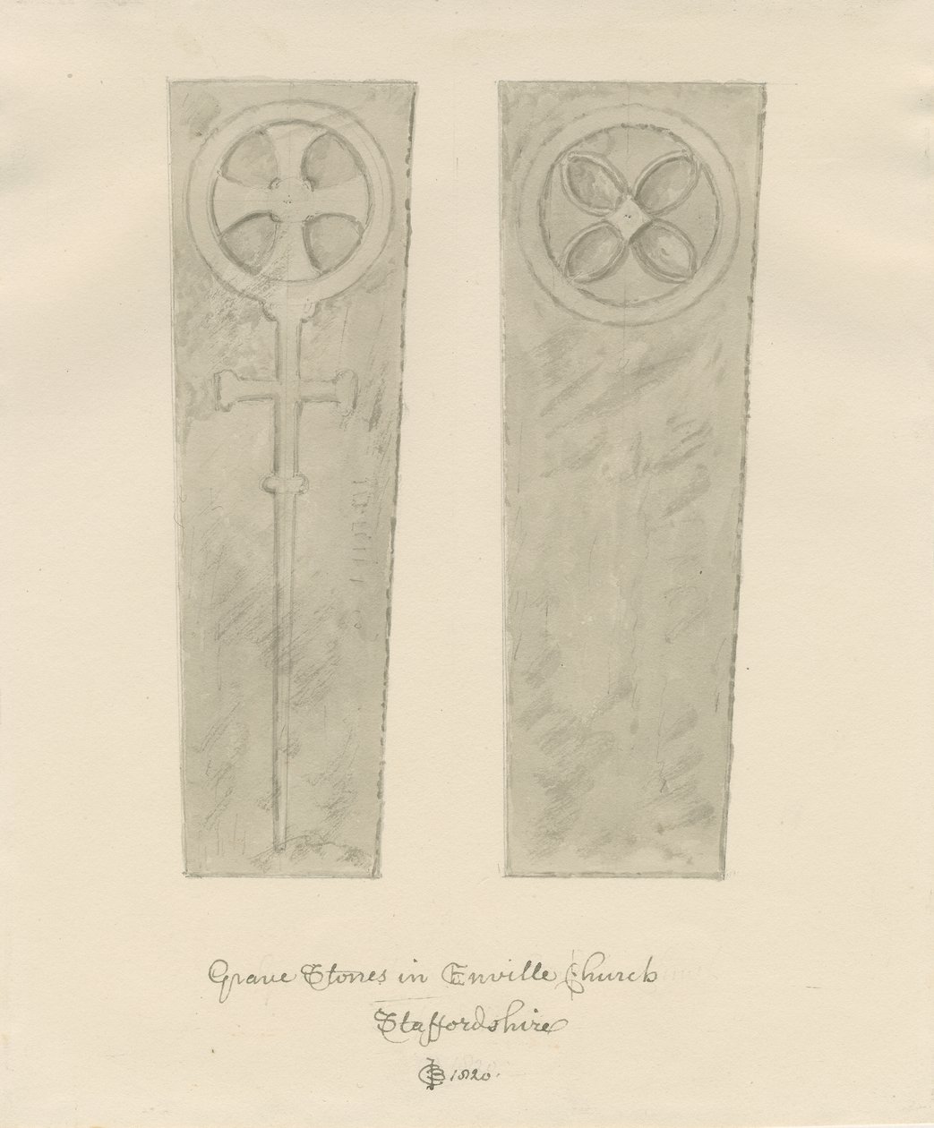 Enville Church - Náhrobky: sépiová kresba od John Chessell Buckler