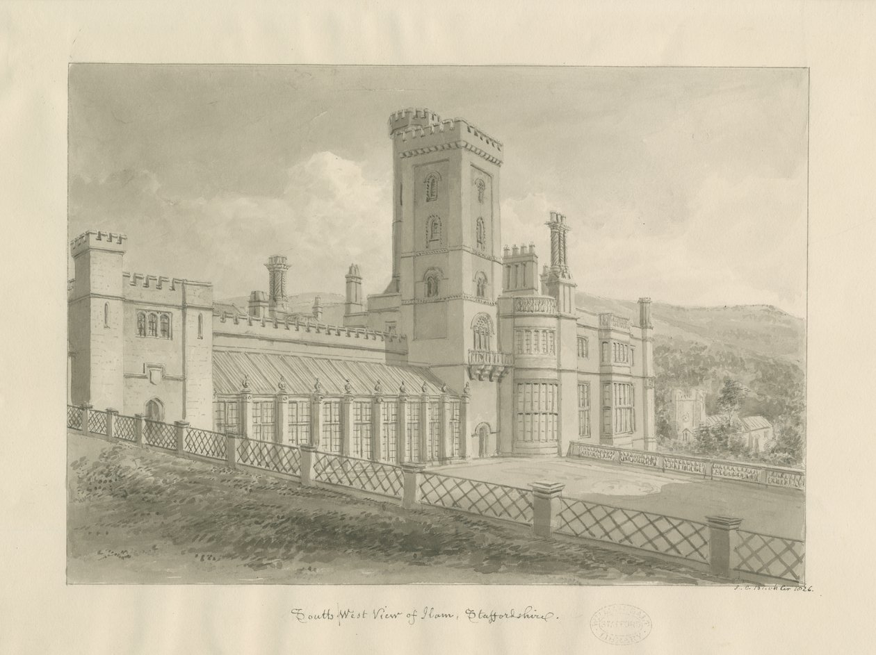 Ilam Hall: sépiová kresba od John Chessell Buckler