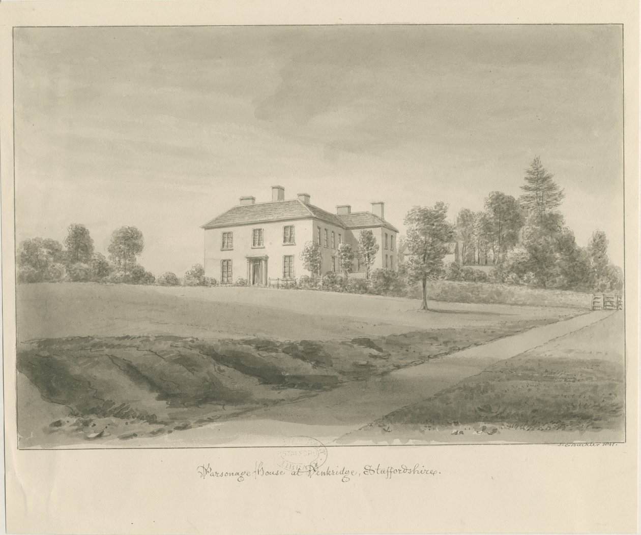 Penkridge - Parsonage House: sépiová kresba od John Chessell Buckler