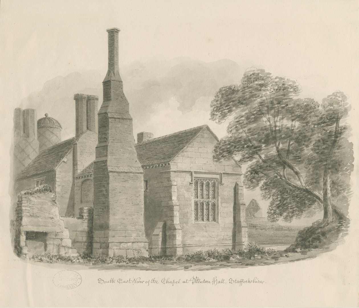 Pillaton Hall - Kaple: sépiová kresba od John Chessell Buckler
