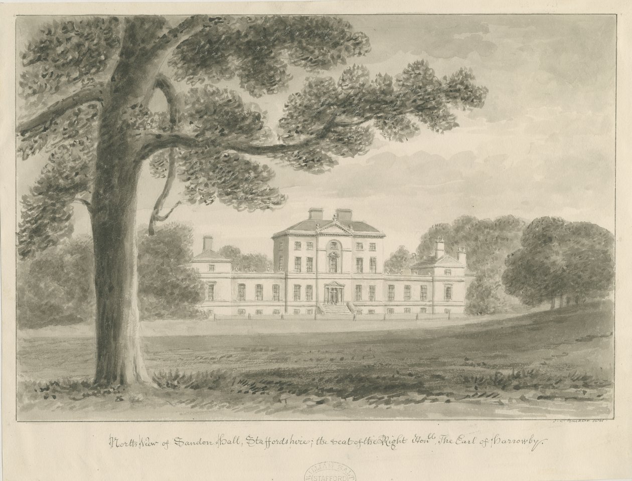 Sandon Hall: sépiová lavírovaná kresba od John Chessell Buckler