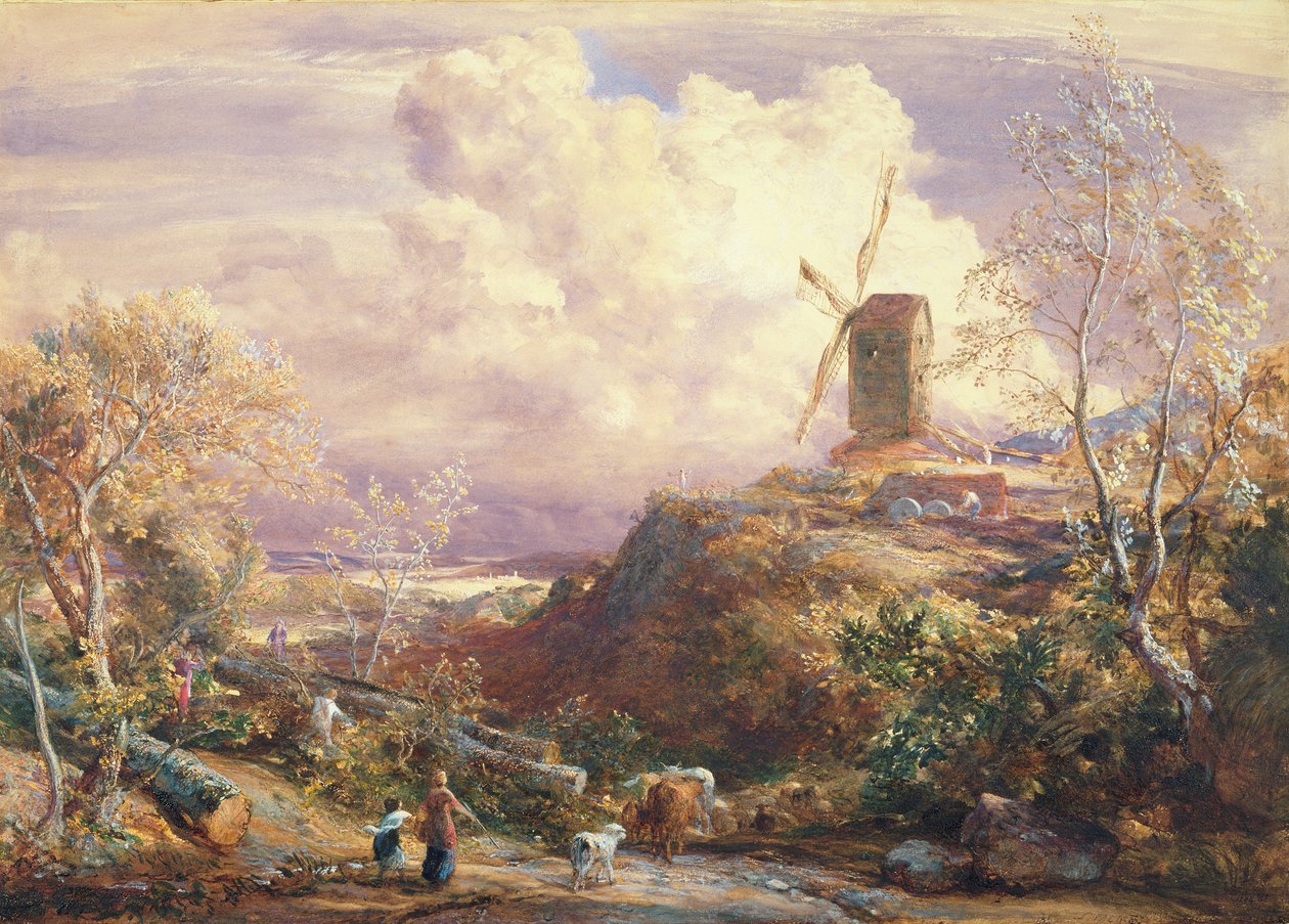 Větrný mlýn na kopci s honáky dobytka od John Constable
