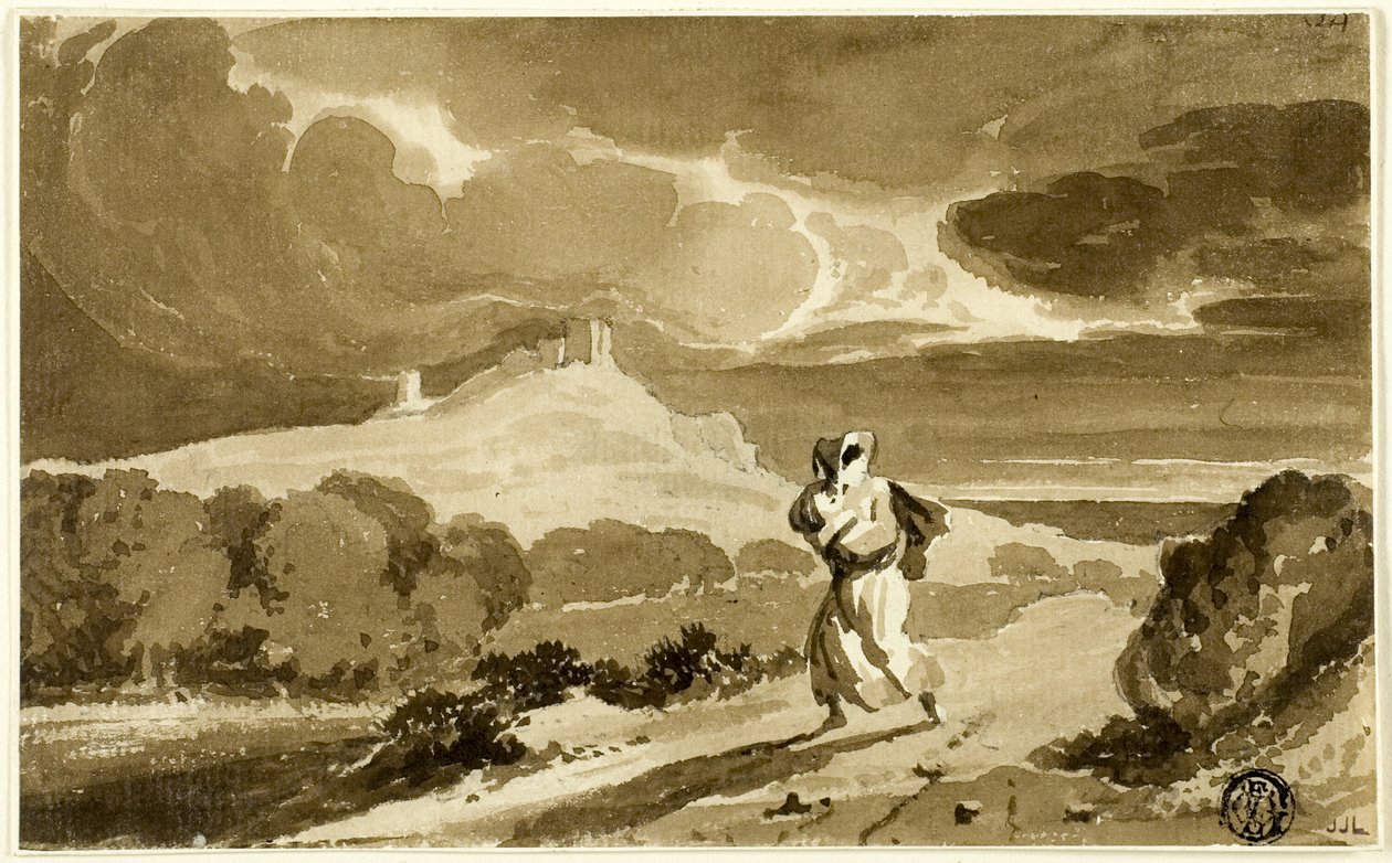 Žena s dítětem prchá přes vřesoviště od John Constable