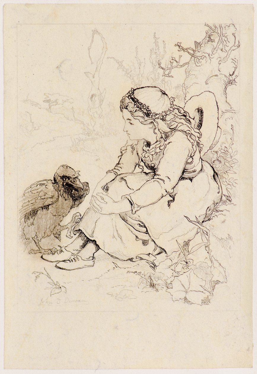 Sedící dívka a velký pták (lept) od John Duncan