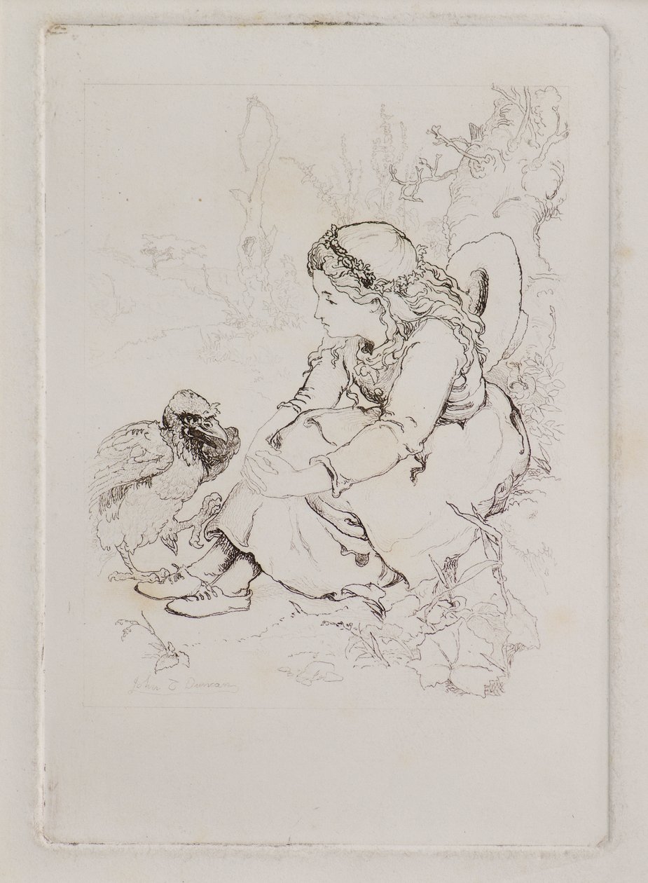 Sedící dívka a velký pták (lept) od John Duncan
