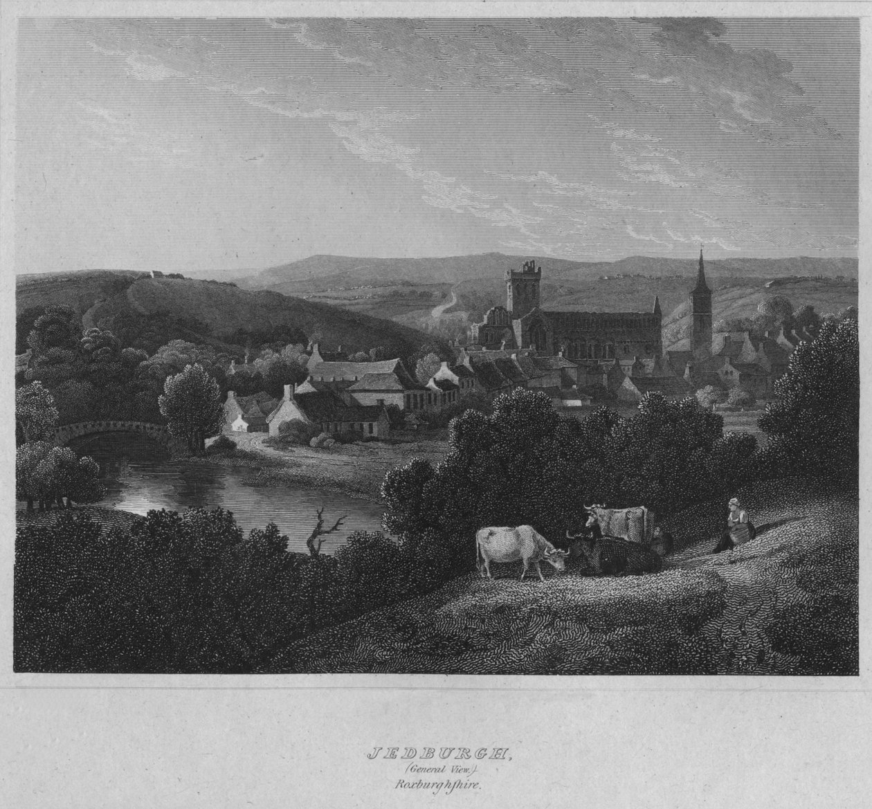 Jedburgh, Celkový pohled. Roxburghshire, 1814 od John Greig