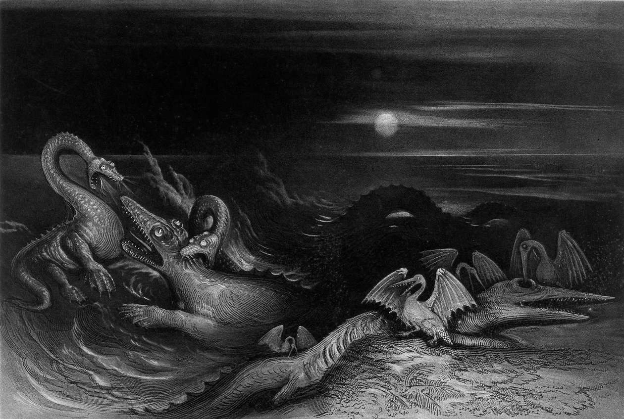 Plesiosaurus bojující s Temnodontosaurem (Oligostinus), 1840 od John Martin