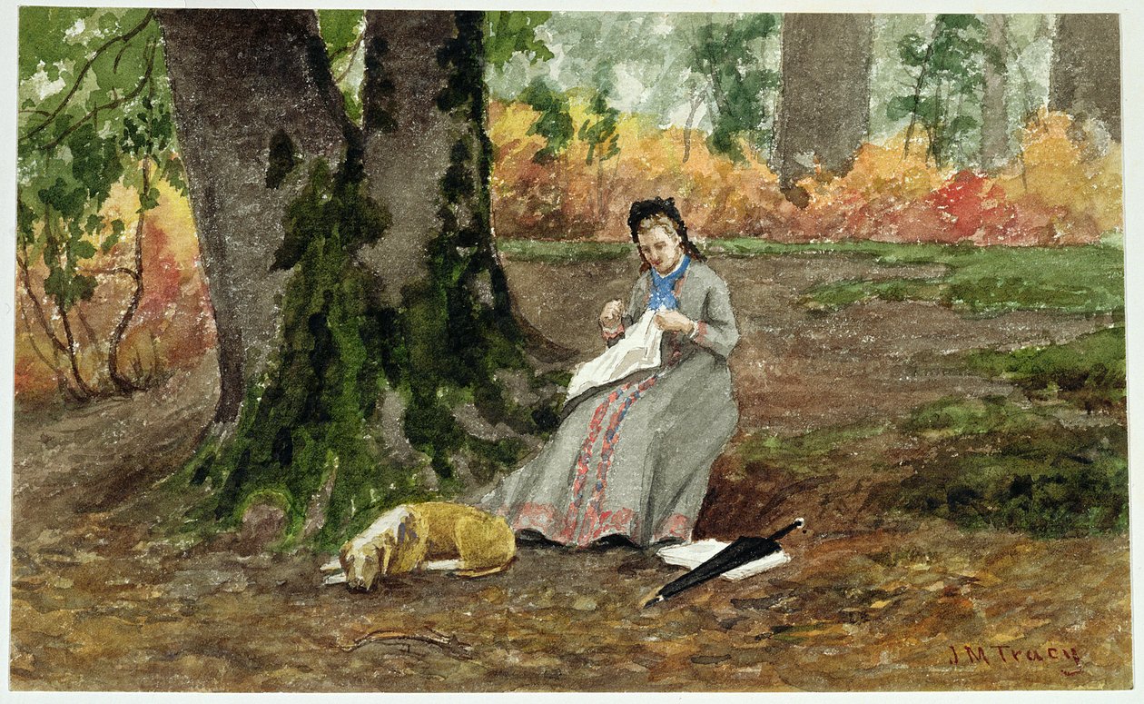 žena vyšívání pod stromem od John Martin Tracy