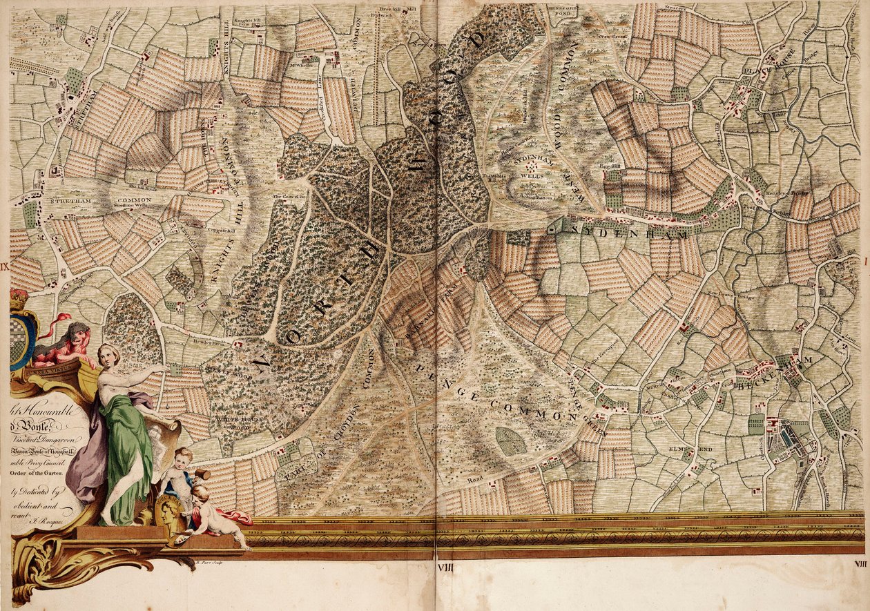 Mapa Streathamu, Croydonu a Sydenhamu od John Rocque