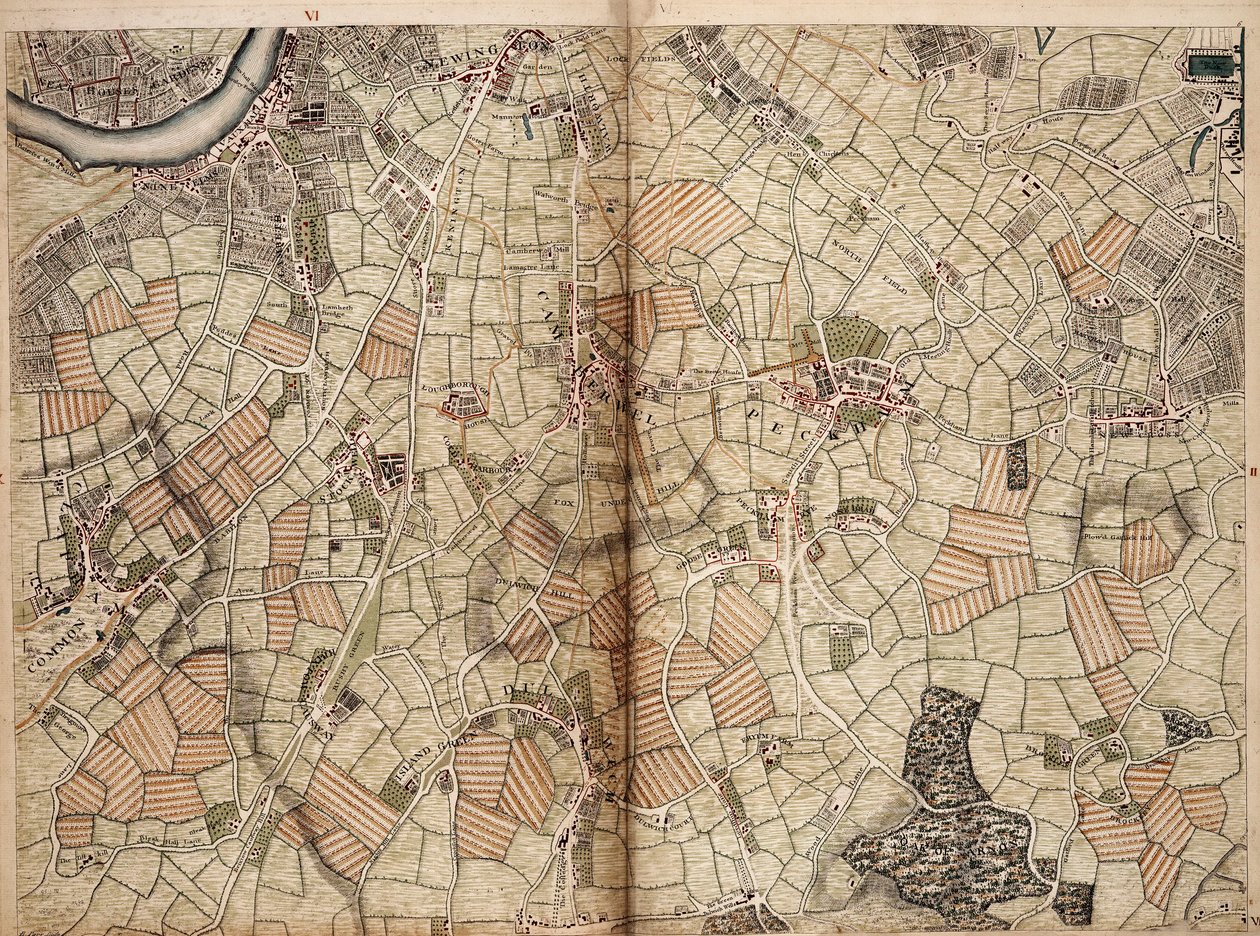 Mapa Vauxhallu, Claphamu, Peckhamu a Dulwiche od John Rocque