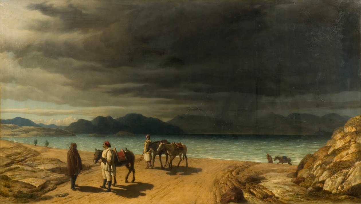 Krajina s jezerem a řeckými vojáky od John Rogers Herbert