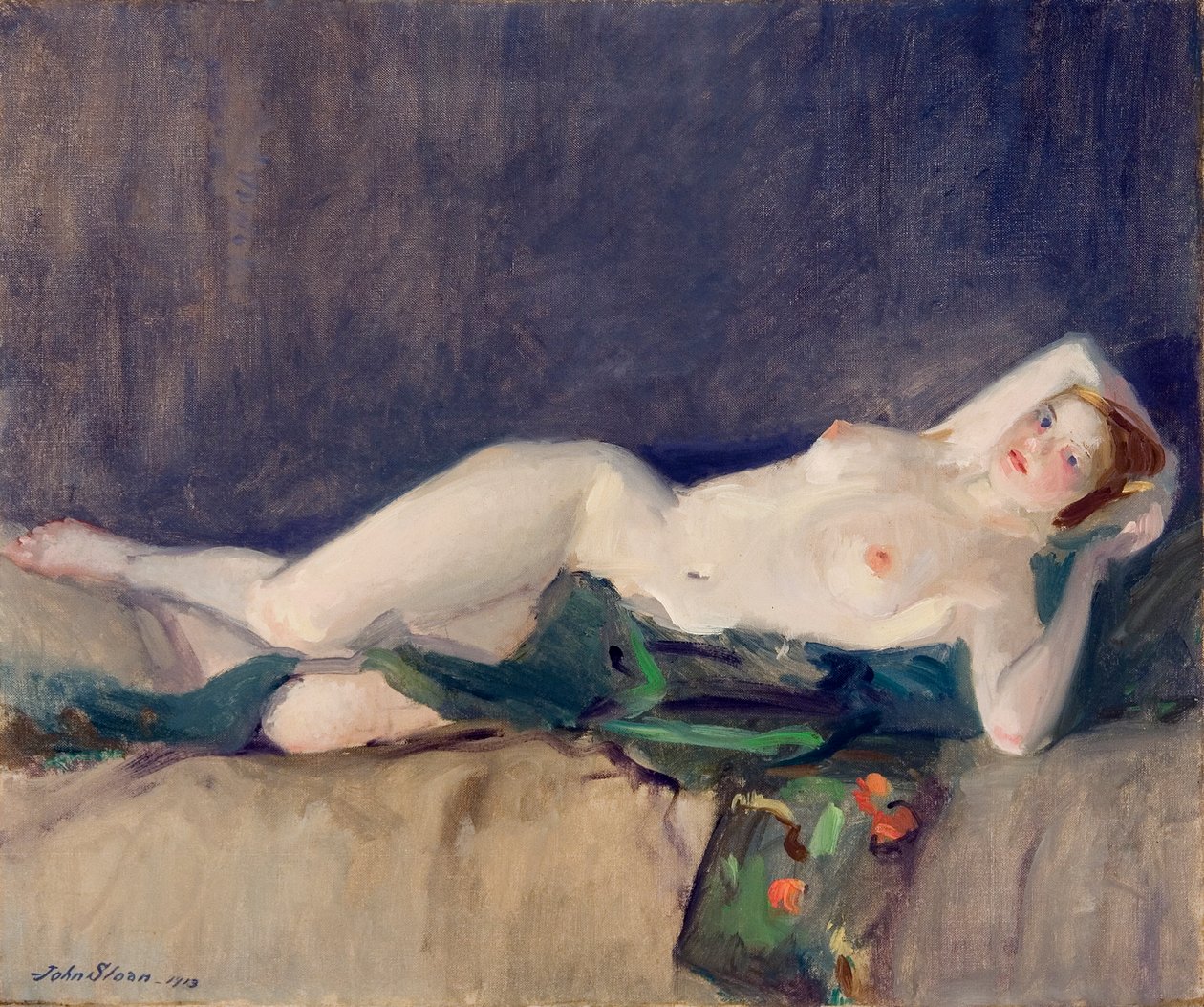 Akt, zelený šátek od John French Sloan