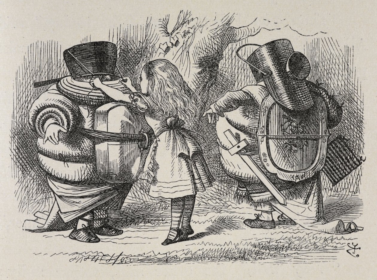 Alice obléká Tweedledee a Tweedledum. od John Tenniel