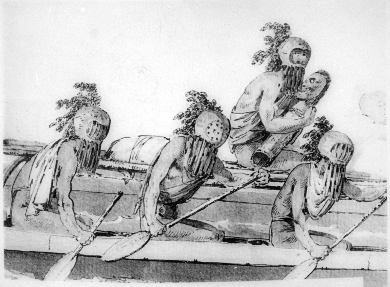 Dvojitá kánoe s veslaři, Havaj, 18. století od John Webber