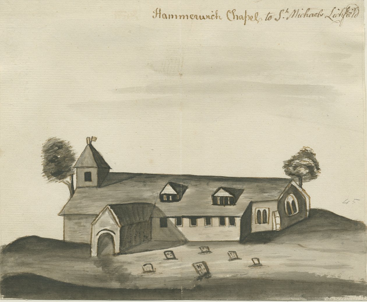 Kostel v Hammerwichi: sépiová kresba, nd [c 1780] od John Wright