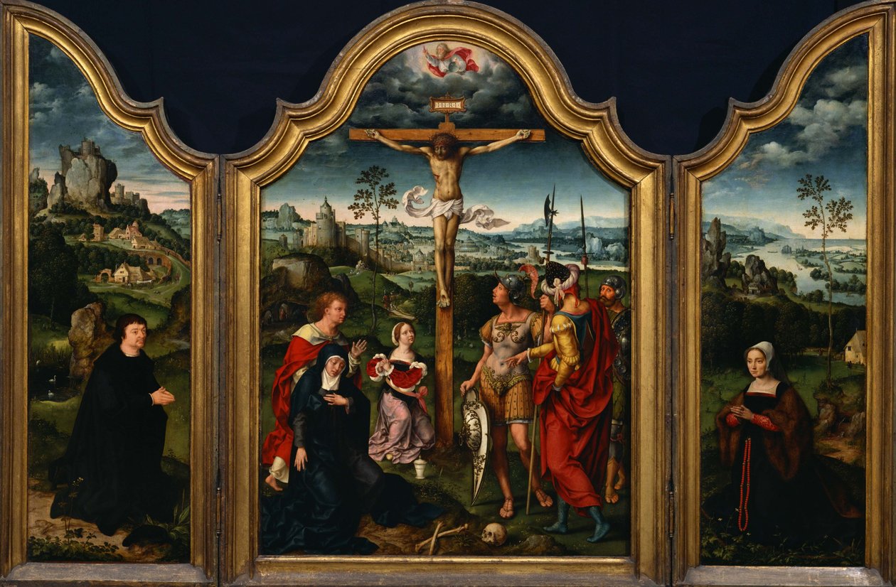 Triptych- Ukřižování lemované klečícím dárcem a jeho manželkou od Joos van Cleve