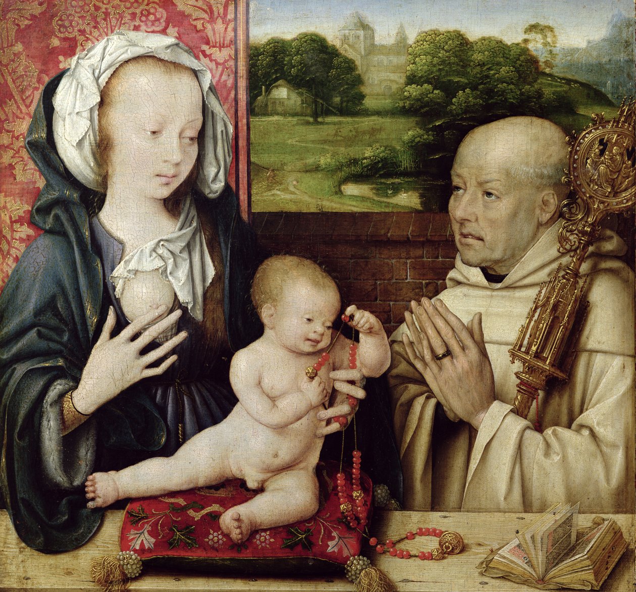 Panna a dítě uctívané svatým Bernardem olej na detailu panelu z roku 15955 od Joos van Cleve