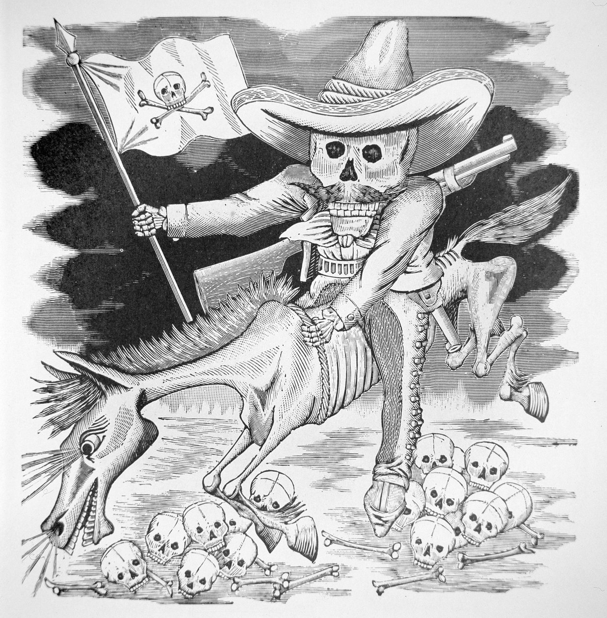 Zapatistická lebka, kolem roku 1910 (rytina) od José Guadalupe Posada