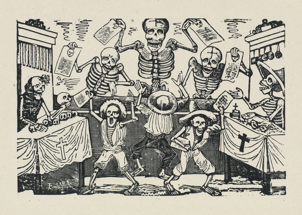 Změť lebek chlapců z papírnictví od José Guadalupe Posada