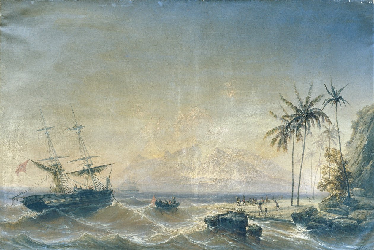 Válečná loď u ostrovů Jižního moře od Josef Carl Berthold Püttner