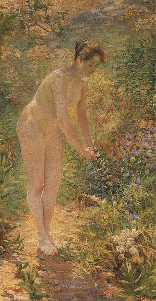 Stojící ženský akt v zahradě. Kolem roku 1900 od Josef Engelhart