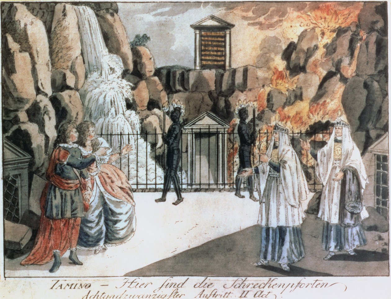 Tamino a Pamina před chrámem, scéna z „Kouzelné flétny“ od Wolfganga Amadea Mozarta (1756-91), ilustrace z „Allgemeines Europaisches Journal“, vydané 1795 (barevná rytina) od Joseph and Peter Schaffer