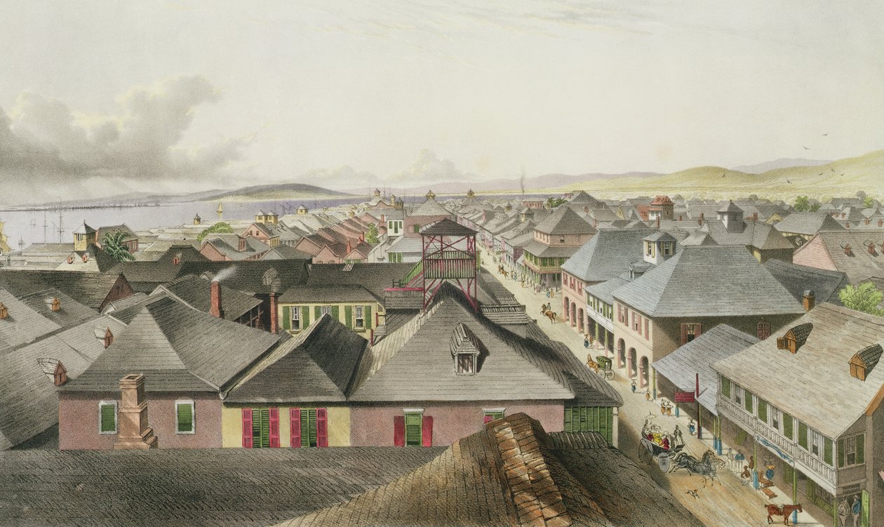 Město Kingston z komerčních místností, pohled na západ, deska 20 z „West Indian Scenery: Illustrations of Jamaica“, vyryto umělcem, hospoda. 1838-40 od Joseph Bartholomew Kidd