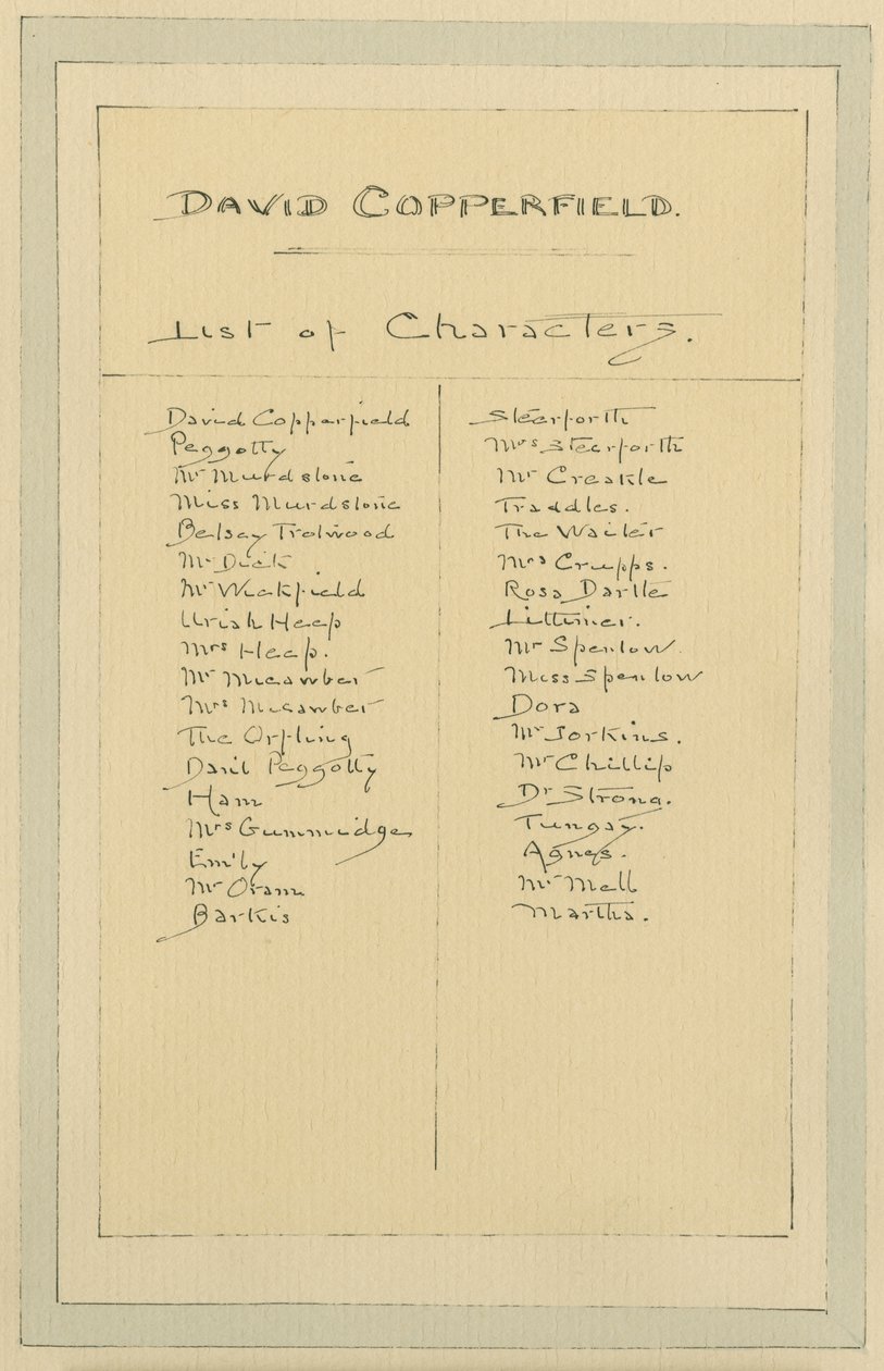 Seznam postav, cca 20. léta (pero a inkoust s wc na papíře) od Joseph Clayton Clarke