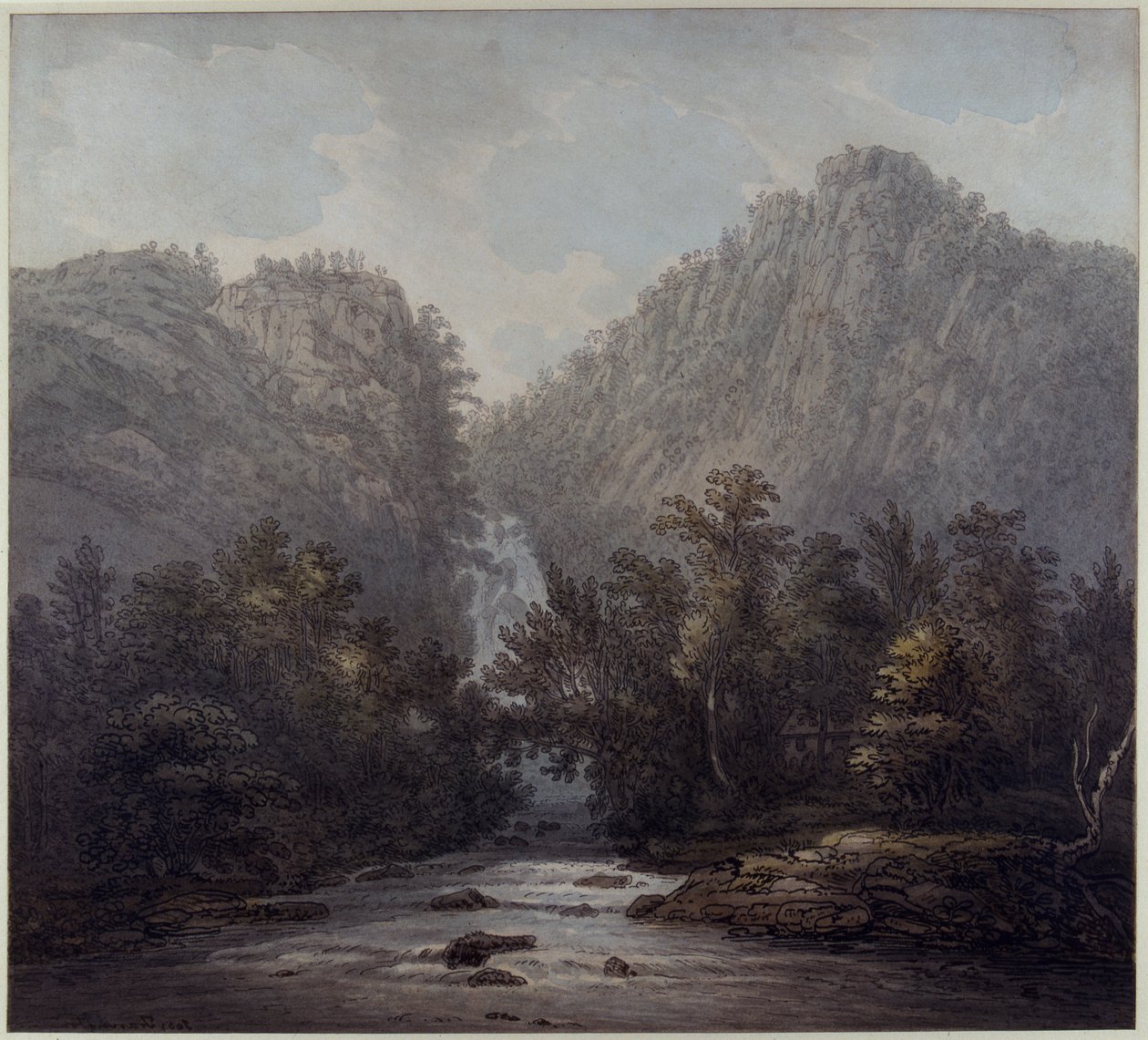 Vodopád Lodore, Westmoreland, 1785 (pero a inkoust a wc na papíře) od Joseph Farington