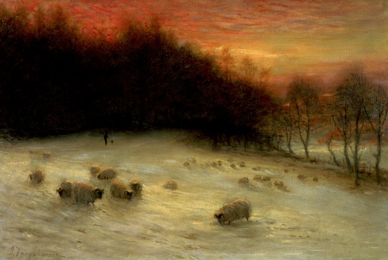 Ovce v zimní krajině, večer od Joseph Farquharson